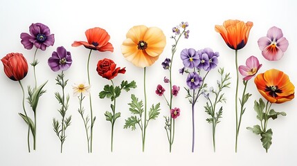Colored pencil botanical study of various heritage garden flowers, including poppies, tulips, and violets, drawn with precise shading and fine textures, spaced elegantly across a white canvas.