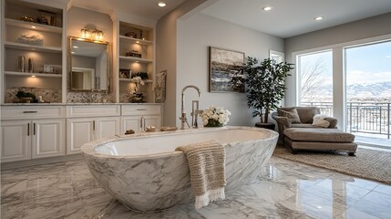Elegant bathroom interior with marble tub cabinets and large window providing natural light.