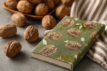 A small, green notebook with a walnut pattern rests on a grey surface near a bowl overflowing with walnuts and a striped fabric