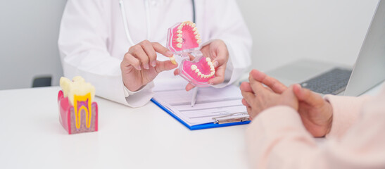 Elderly Patient consulting Dentist to Tooth disease, Senior Health Medical Diagnosis. Anatomy teeth...