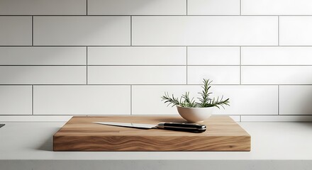 Culinary scene with cutting board, knife, and rosemary sprigs in an aesthetically pleasing display