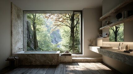 Modern bathroom interior with a large window overlooking a forest scene.