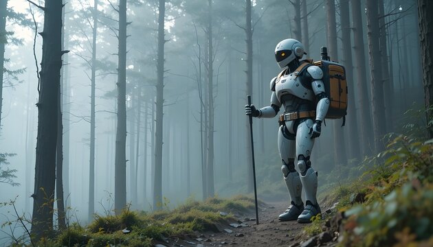 A futuristic robot hiker traverses a misty forest path, carrying gear and a walking stick.