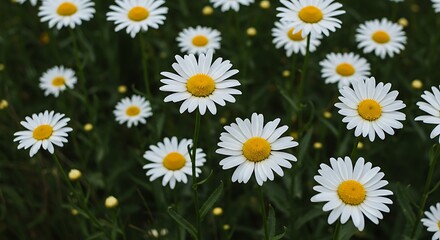 Close up view of vibrant white daisies with yellow centers in sunlight