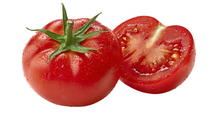 A whole tomato and a half tomato isolated on transparent background.