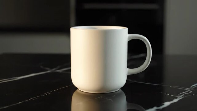 White ceramic mug resting on a black marble table