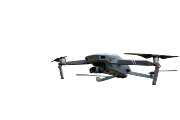 Gray drone isolated on transparent background flying in the air