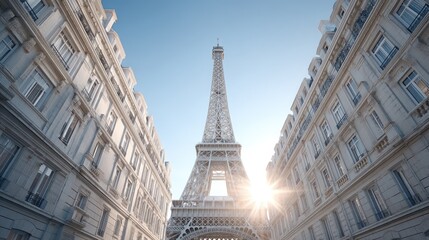 Eiffel Tower View Between Buildings in Paris France Sun Flare and Clear Blue Sky