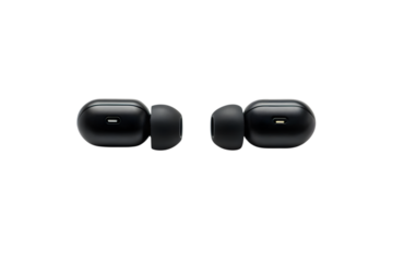 Black wireless earbuds isolated on transparent background for listening music
