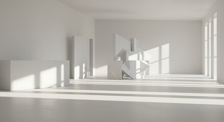 Fototapeta premium Minimalist white interior with geometric shapes and sunlight
