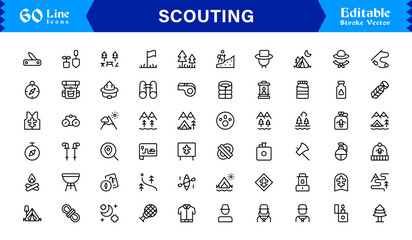Professional Scouting Line Icon Set Featuring Modern, Minimal, Unique Designs for Outdoor Exploration, Adventure, Tracking, and Navigation