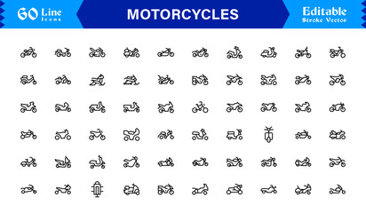 Premium Motorcycles Line Icon Set with Modern Minimal Designs, Professional Vector Style Collection Featuring Unique Motorcycle and Bike Symbols for Creative Projects