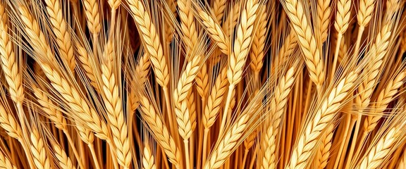 Golden wheat stalks interwoven in a repeating pattern, showcasing ripe grain and leaves, golden, ripe