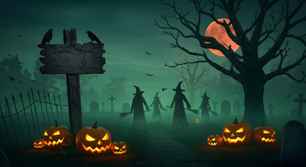 Spooky Halloween Night in a Haunted Graveyard