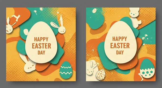 Easter themed graphic design with eggs bunnies and happy easter day text