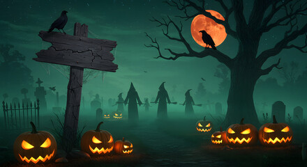 Halloween Graveyard Scene with Jack-o'-lanterns