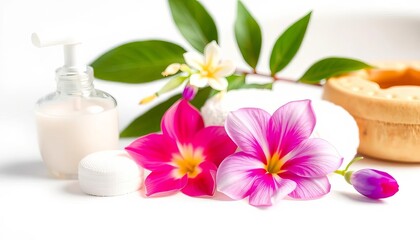Spa bath accessories & delicate flower on pristine white background, aromatherapy, clean