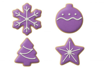 Purple holiday cookies with white icing decorations shaped as snowflake, christmas tree, star, and bauble ornaments