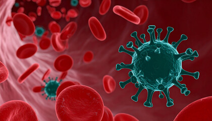 Microscopic View: Coronavirus in Bloodstream, Red Blood Cells, Medical Illustration.