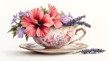Hand-drawn colored pencil illustration of a teacup filled with blooming hibiscus and lavender sprigs, vintage aesthetic, pastel palette, gently composed on white background.