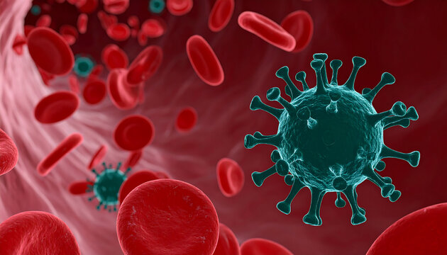 Microscopic View: Coronavirus in Bloodstream, Red Blood Cells, Medical Illustration.