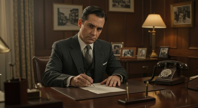 A businessman from a previous era (1920s, 1950s) in period-accurate attire and office setting.