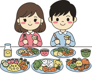 Boy and Girl Enjoying vegan meal illustration. World Vegan Day