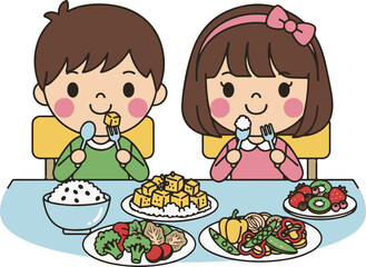 Boy and Girl Enjoying vegan meal illustration. World Vegan Day