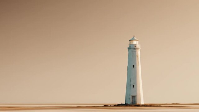 White lighthouse on a sunny day with horizon line and copy space