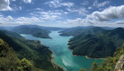 Panoramic view of a turquoise lake nestled between lush green mountains under a partly cloudy sky