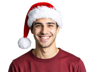 Smiling Person Wearing Festive Red Santa Hat, Front Portrait View, isolated on transparent background PNG