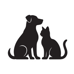 Black and white vector silhouette of dog sitting beside cat, minimalist composition symbolizing harmony, trust, love, loyalty, and peaceful animal connection.