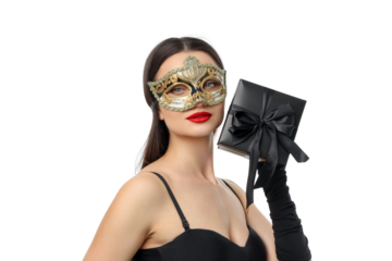 Masked woman with a black gift box on Black Friday, isolated, PNG