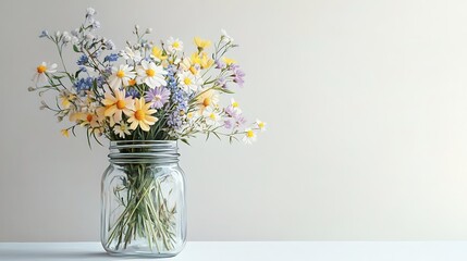 Mason jar holding a bouquet of rustic meadow flowers, soft colored pencil drawing on white background, featuring loosely bundled blooms in pastel yellow, purple, and white.