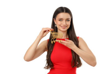 Cheerful person with gold Black Friday cart, isolated, PNG