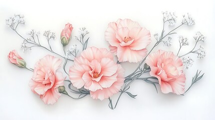 Romantic bouquet sketch featuring blush carnations and baby’s breath, drawn in colored pencils with soft shadows and pastel coloring, elegant vintage style on a pure white backdrop.