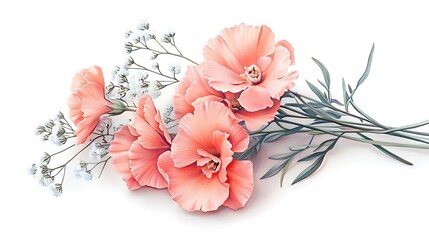 Romantic bouquet sketch featuring blush carnations and baby’s breath, drawn in colored pencils with soft shadows and pastel coloring, elegant vintage style on a pure white backdrop.