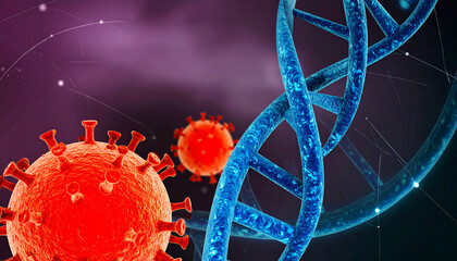 Microscopic View: Red Coronavirus and Blue DNA Strand on Purple Background