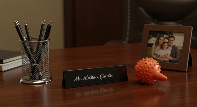 A businessman's meticulously organized desk a pen holder, a nameplate, a family photo, and a single stress ball. - Powered by Adobe
