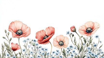 Vintage botanical sketch of poppies and forget-me-nots, colored pencil drawing with visible strokes, soft pink-red and sky-blue flowers arranged delicately on a white background.
