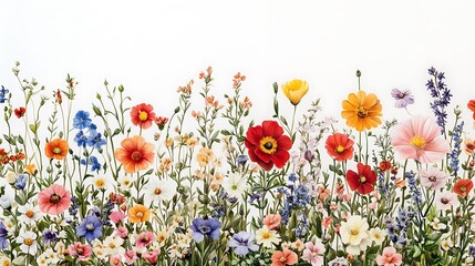 Vintage botanical drawing of a mix of garden flowers, sketched in colored pencils, arranged loosely in horizontal flow on white background.