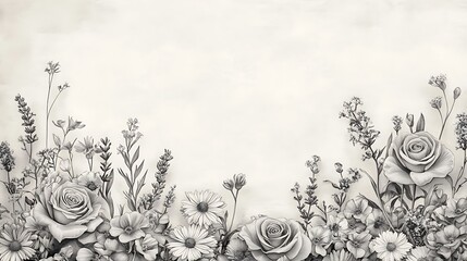 Vintage floral pencil drawing forming a decorative border, with lavender, roses, and daisies intricately arranged along the top edge of a wide white background.