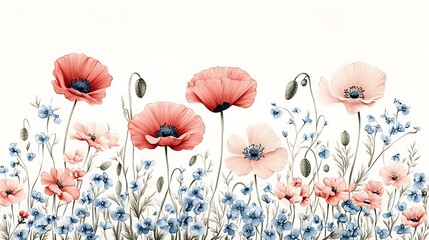 Vintage botanical sketch of poppies and forget-me-nots, colored pencil drawing with visible strokes, soft pink-red and sky-blue flowers arranged delicately on a white background.