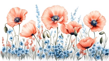 Vintage botanical sketch of poppies and forget-me-nots, colored pencil drawing with visible strokes, soft pink-red and sky-blue flowers arranged delicately on a white background.