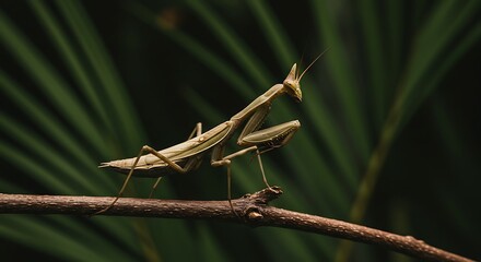 Praying mantis perched on branch against green background