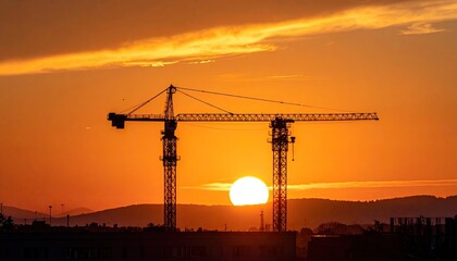 Cranes Silhouette Against Fiery Sunset Sky with Golden Sunlight and Distant Hills at Twilight Glows
