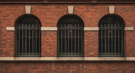 Exterior view of brick facade with arched windows and security bars