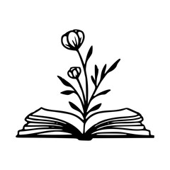 open book with flower growing line art