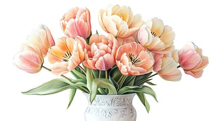 A colored pencil illustration of tulips and peonies in a porcelain vase, soft pastel pinks and yellows, hand-drawn texture, arranged gracefully on a clean white background.