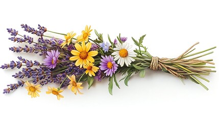 A colored pencil sketch of wildflowers loosely bundled with twine, including daisies, buttercups, and lavender, drawn with soft pastel tones, natural flow, set on a clean white paper background.